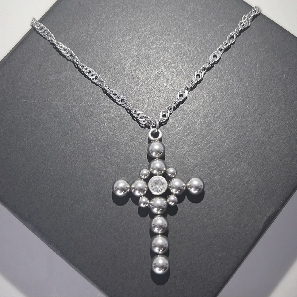Platinum Bubble Cross Water Wave Necklace